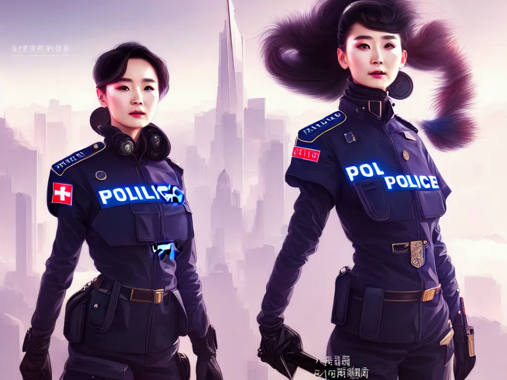 Prompt: portrait futuristic swiss police uniform female yang mi, at future neon light rooftop, ssci - fi and fantasy, intricate and very very beautiful and elegant, highly detailed, digital painting, artstation, concept art, smooth and sharp focus, illustration, art by tan zi and ayanamikodon and alphonse mucha and wlop