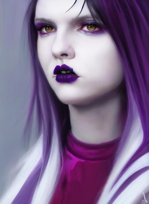 Image similar to portrait of white teenage girl, normal face, white bangs, mall goth, cyberlox, black and white hair, bangs, fluffy bangs, red contact lenses, purple lipstick, intricate, elegant, highly detailed, digital painting, artstation, concept art, sharp focus, smooth, illustration, art by wlop, mars ravelo and greg rutkowski