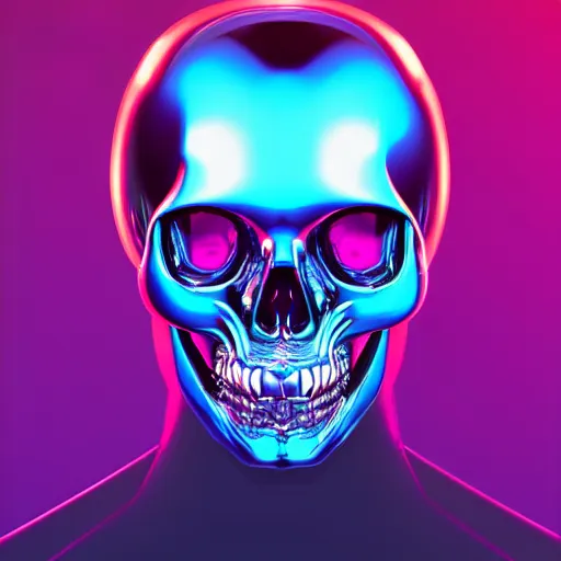 Prompt: portrait of a glossy black robot skull head, blue and pink highlights, glowing eyes, digital art, artstation