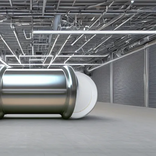 Image similar to big metallic capsule connected to pipelines, purpose is pump, standing in large industrial hall, designed by best engineers, raytracing, reflections