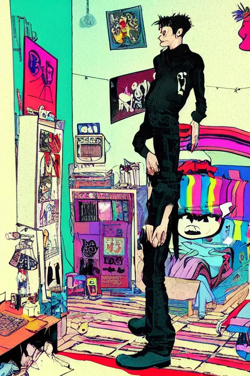 Image similar to a skinny goth guy standing in a cluttered 9 0 s bedroom by jamie hewlett, jamie hewlett art, full body character concept art, vaporwave colors, digital painting,