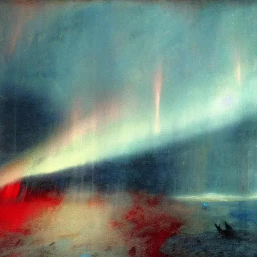 Image similar to the epic abstract painting'blue arctic void with black and red aurora borealis above rogers - post site ', by caspar david friedrich!!!, by rothko!!!, stunning masterpiece, trending on artstation