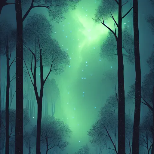 Image similar to A dark forest in the night from where you can see the Orion Nebula in the sky, digital illustration highly detailed, elegant, faint dynamic lighting, 4K