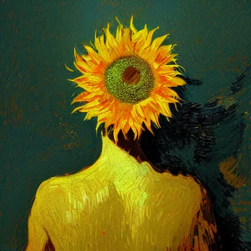 Image similar to closeup, giant sunflower head, woman standing in a room, surreal, dramatic light, impressionist painting, digital painting, artstation, van gogh