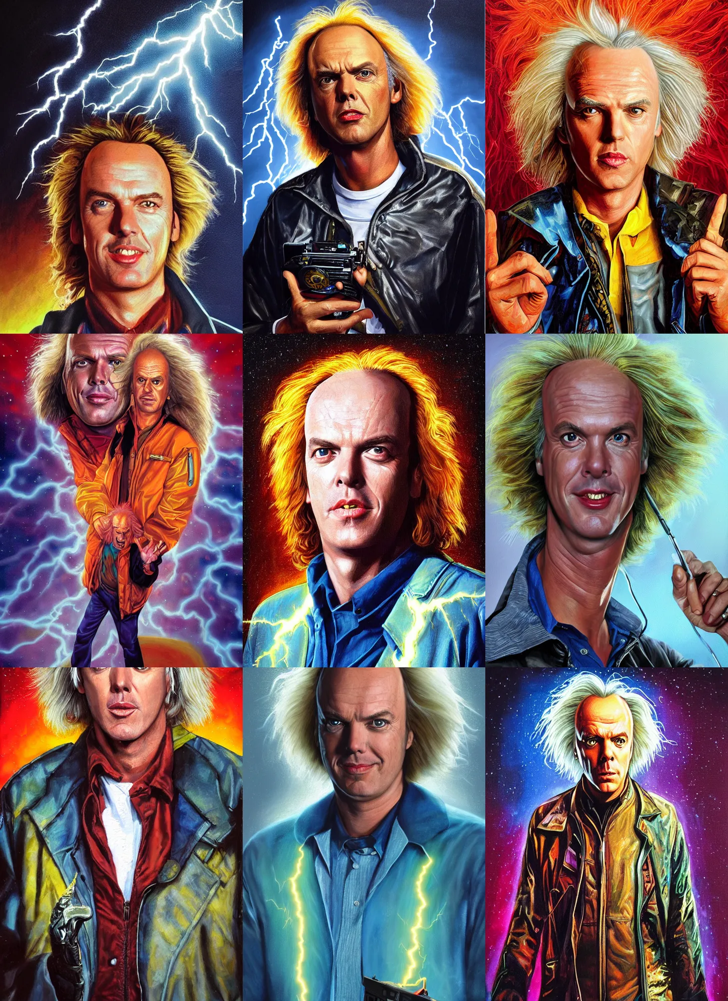 Prompt: portrait of michael keaton as doc brown, lightning background, painting by tom chambers, vibrant color scheme, intricately detailed, cinematic, artstation,