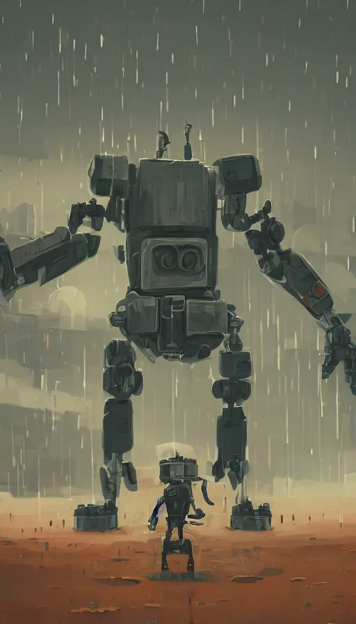 Image similar to a giant broken robot cooling down in rain, water droplets, rustic, dormant, nearby, sharp focus, james gilleard, cinematic, game art, extremely detailed digital painting, print