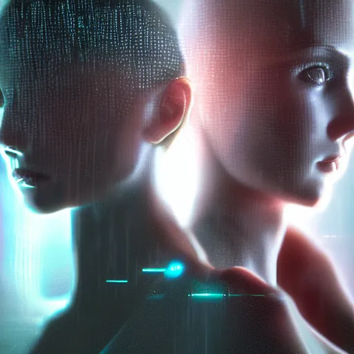 Prompt: a blade runner inspired portrait of 2 women 4k photorealistic, volumetric lighting, hd, high details, dramatic, trending on artstation