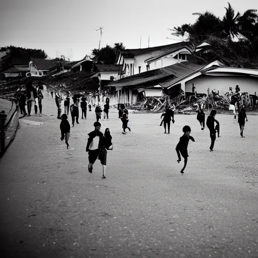 Image similar to a crowd of people run away from the tsunami