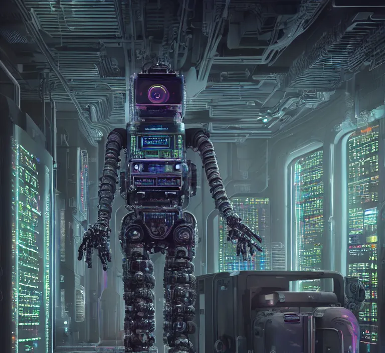 Image similar to hyperrealism stock photography of highly detailed stylish robot in cyberpunk sci - fi style by gragory crewdson and katsuhiro otomo, mike winkelmann with many details by josan gonzalez working at the highly detailed data center by mike winkelmann and laurie greasley hyperrealism photo on dsmc 3 system rendered in blender and octane render