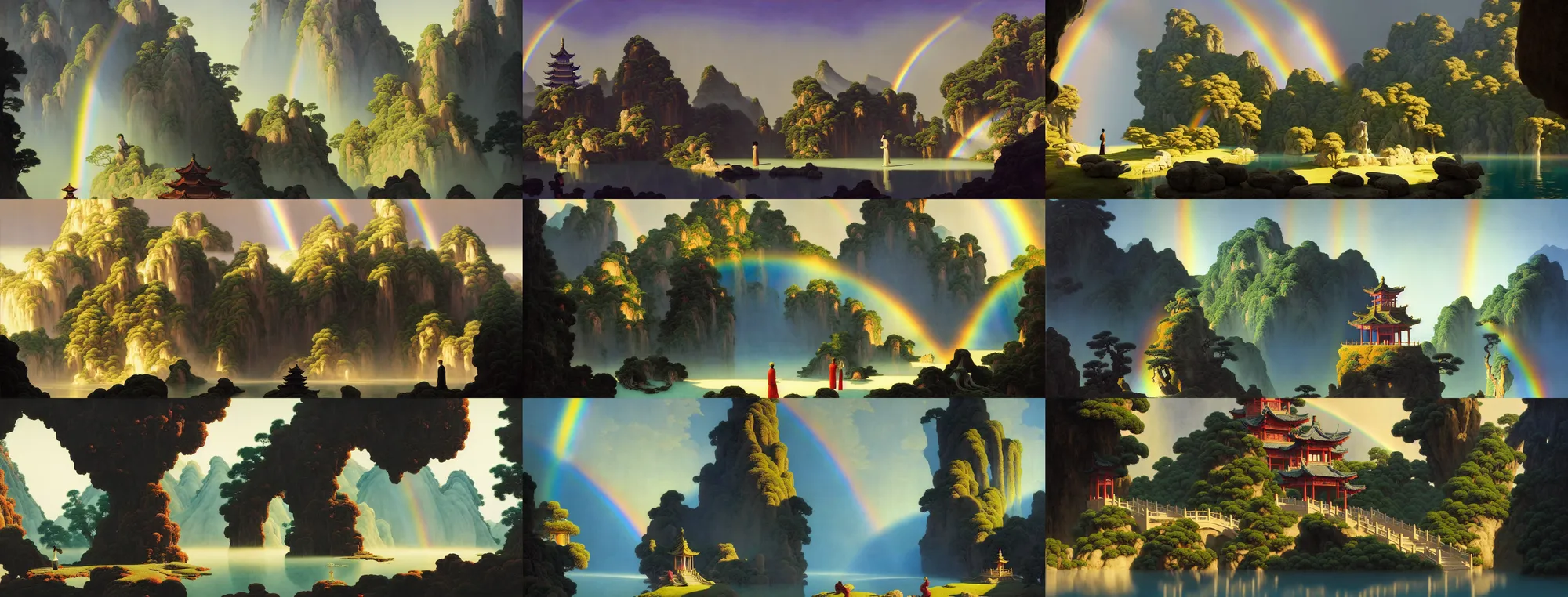 Image similar to a gorgeous landscape painting by barlowe wayne, maxfield parrish and marco mazzoni. chinese temple. sunny morning. a lonely chinese wuxia walks on the winding stone steps, stone gate to the dark cave, 3 d, octane render, turbulent lake, waterfall. fog, just one rainbow. 8 k.