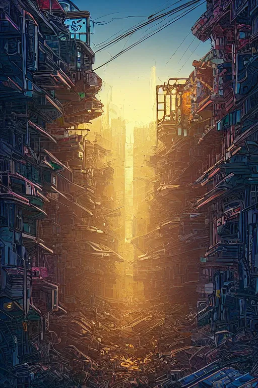 Prompt: a cyberpunk landscape with a pile of rubble inside a large corner wall with a window and the light shining through dan mumford