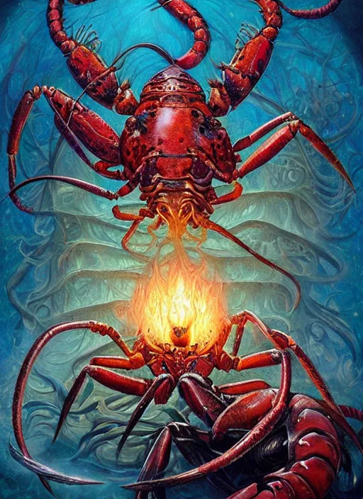 Image similar to lobster glowing reptile eyes, shamanic poster lsd art, intricate, elegant, highly detailed, centered, digital painting, artstation, concept art, smooth, sharp focus, illustration, artgerm, tomasz alen kopera, peter mohrbacher, donato giancola, joseph christian leyendecker, wlop, frank frazetta