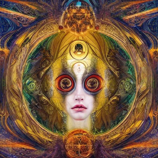 Prompt: a beautiful visionary portrait of Divine Chaos Engine by Karol Bak, Jean Deville, Gustav Klimt, and Vincent Van Gogh, sacred geometry, mystic, otherworldly, fractal structures, ornate gilded medieval icon, third eye, spirals