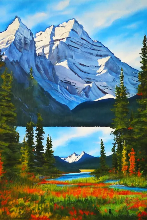 Prompt: bob ross painting of banff alberta