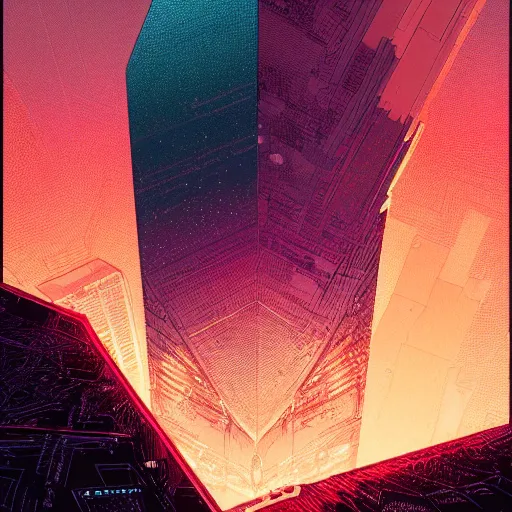 Prompt: stunningly intricate high angle close up of a cyberpunk explorer looking up at a floating triangular glowing monolith, highly detailed, midnight, by victo ngai and james gilleard, moebius, laurie greasley