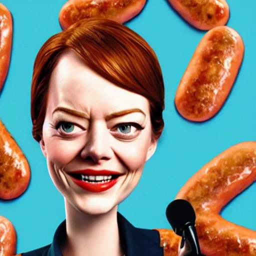 Image similar to hyperrealistic emma stone caricature surrounded by big fat frankfurter sausages by bob byerley and aardman animation, mascot, target reticles