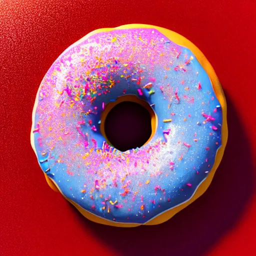 Prompt: a colorful donut with sprinkles on a red surface, a raytraced image by john hoyland, behance contest winner, cloisonnism, rendered in cinema 4 d, vray tracing, rendered in maya