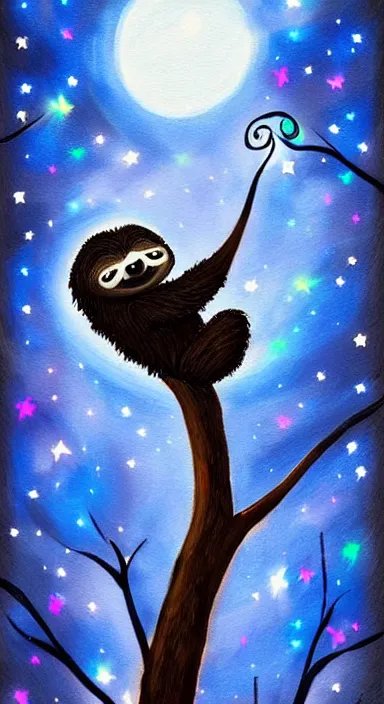 Image similar to beautiful dark night with many stars and clouds, a cute sloth on a tree!!, string lights, everything!! made of thick flowing dramatic paint brush strokes, abstract impressionism, matte colors, trending on artstation