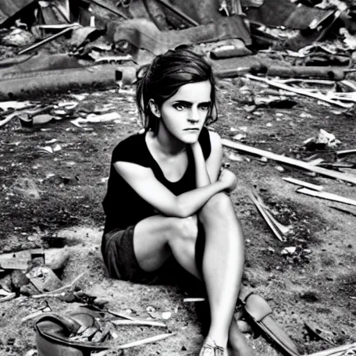 Prompt: concerned and tired emma watson in the ruins of civilization after the apocalypse, shredded and ruined dirty clothes, hd photo, high detail, shallow depth of field, face focus