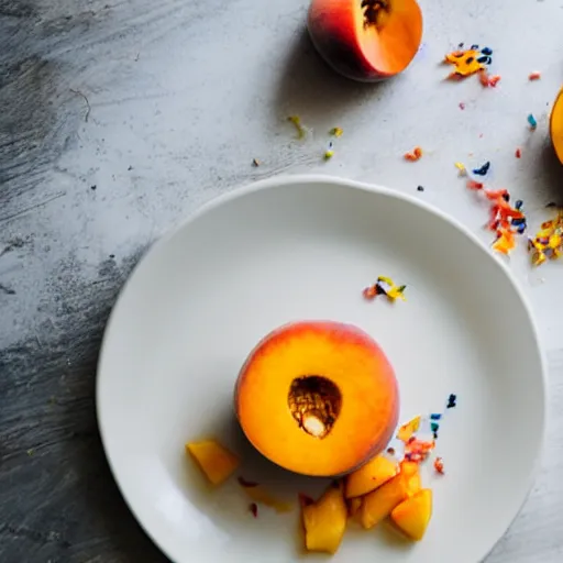Prompt: beautiful photo a fairy made of peaches, mangoes and sprinkles, on a white plate, dslr