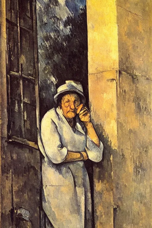 Image similar to an elderly and content italian woman leaning out of the window of an old building, smoking a cigarette, by paul cezanne, firenze, sunset, smooth, expressionist, gold, portrait