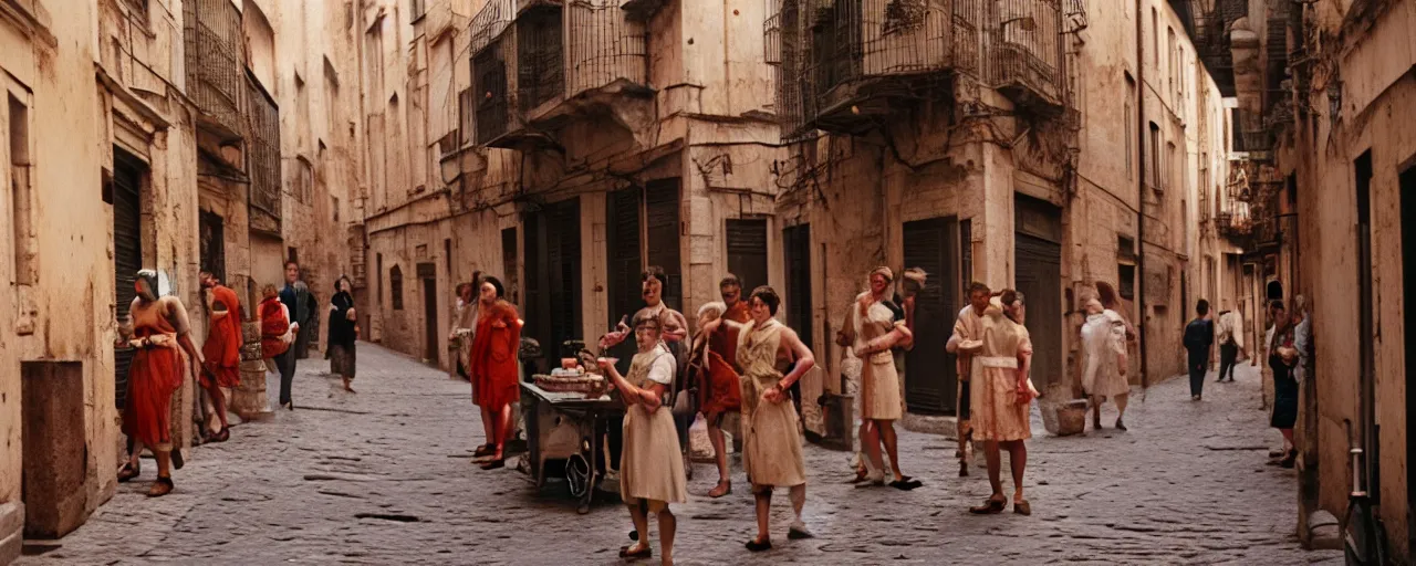 Prompt: featuring spaghetti in ancient roman streets and, sigma 8 0 mm, cinematic lighting, photography, wes anderson, kodachrome