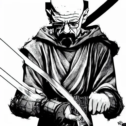 Prompt: Walter white in a fighting scene from berserk, artstation, concept art, sharp focus, illustration in pen an ink, black and white, art by Masashi Tanaka