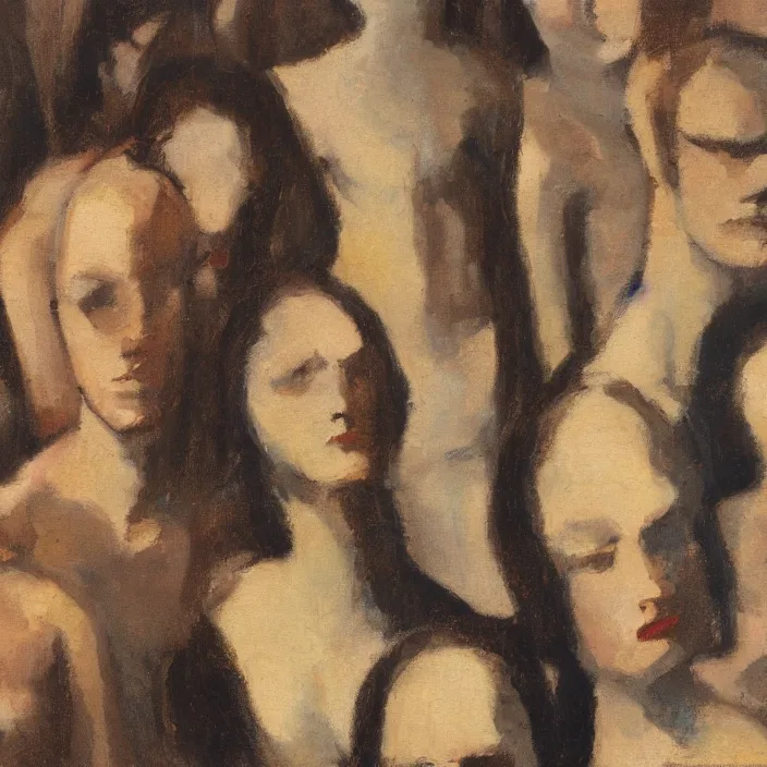 Prompt: group of people pictured in afternoon light, close - up of the faces, anatomically and proportionally correct, oil painting by dora maar and malcolm liepke, detailed