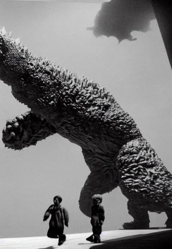 Image similar to Pulgasari the North Korean monster, volumetric lighting, filmstill, produced by Kim Jong-il, Kodachrome, kaiju-eiga, starfish monster movie, communist propaganda, film noir, 35mm film grain, Cooke Varotal 20-100mm T3.1, monochrome, in the style of Ishirō Honda and Akira Kurosawa