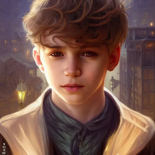 Image similar to portrait of a young boy fantasy thief in the slums of a fantasy city, dirty blonde hair, d & d, fantasy, joyful smirk, intricate, elegant, highly detailed, digital painting, artstation, concept art, matte, sharp focus, illustration, art by artgerm and greg rutkowski and alphonse mucha