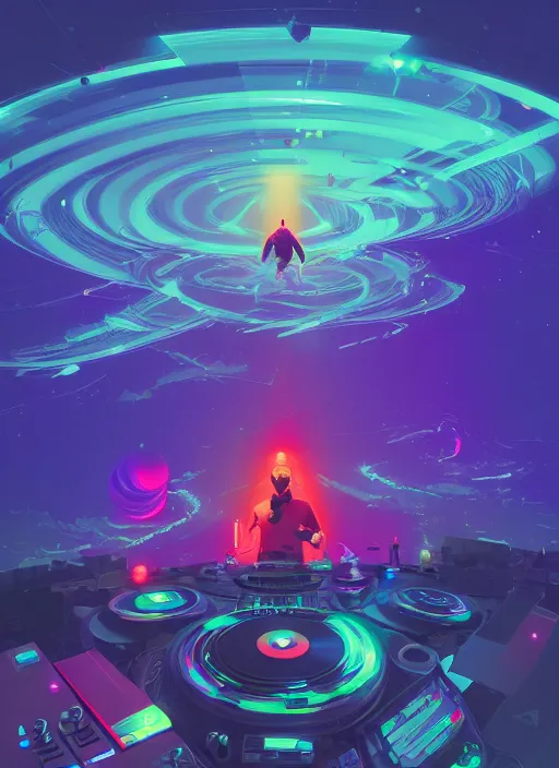 Image similar to Man djing in front of the universe, digital art, dynamic lighting, hyper detailed, artstation, golden ratio, by Anton Fadeev and Beeple and greg rutkowski and liam wong, 4K