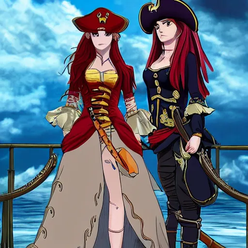 Prompt: a scene of a stare down between two beautiful female pirate captains, detailed anime art