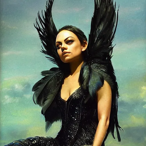 Image similar to mila kunis as the dark swan queen, black feathers instead of hair, feathers growing out of skin, black bodysuit, disney villain, dark fae, moulting, suspended in zero gravity, on spaceship with cables hanging down, highly detailed, mike mignogna, ron cobb, mucha, oil painting