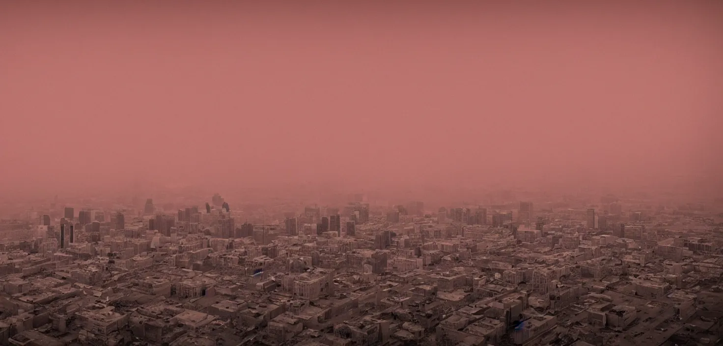 Image similar to ''the city of montreal in a desert wasteland after a nuclear apocalypse in the year 6000, remains, red haze, mist''