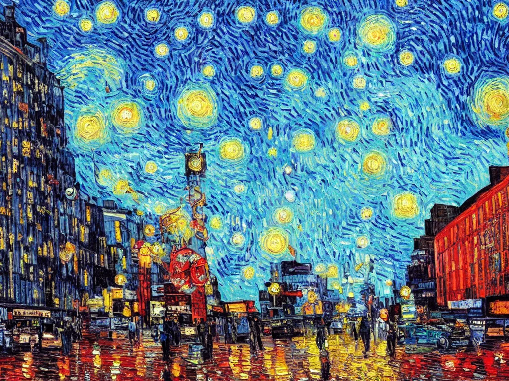 Image similar to bright beautiful oil painting of flying saucers invade new york city in 2 0 1 9, light scatter, van gogh