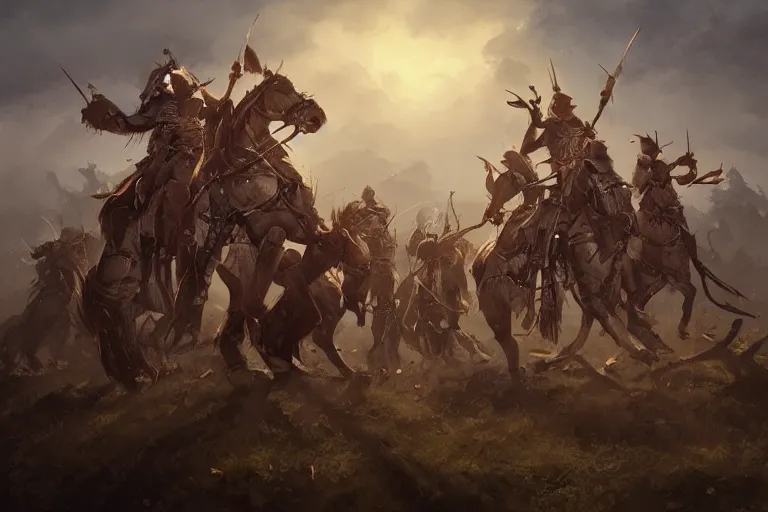 Prompt: our warriors now they clash over causes not worth bleeding for. ashigaru warriors in formation shields armor. sunset lighting hopeful, cinematic fantasy painting, dungeons and dragons, jessica rossier and brian froud