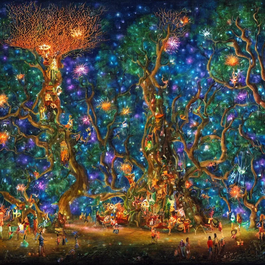 Prompt: a night carnival around a magical tree cavity, with a surreal orange moonlight and fireworks in the background, next to a lake with iridiscent water, christmas lights, folklore animals and people disguised as fantastic creatures in a magical forest by summer night, masterpiece painted by richard burchett, dark night environment