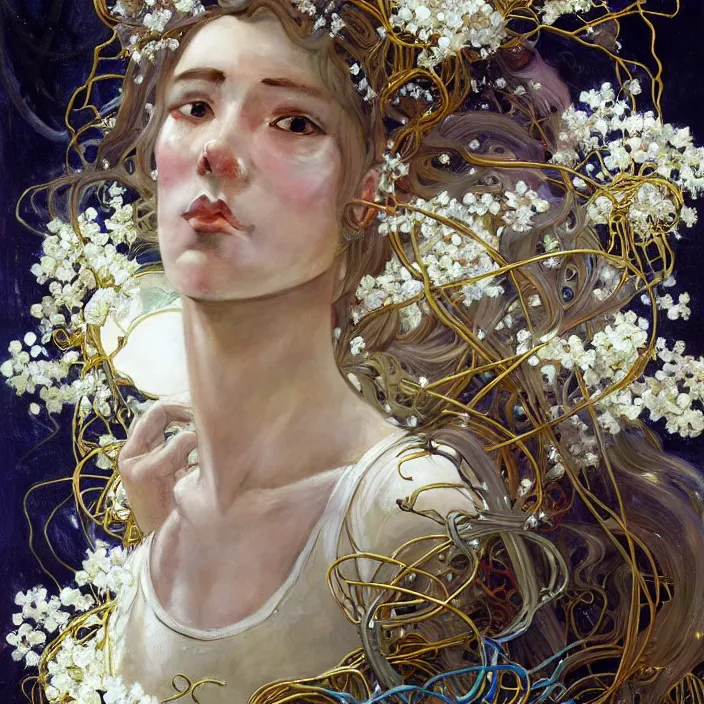 Image similar to hyperrealist portrait of a 2 0 4 4 space sport engineer, it is decorated with long gold and steel wires and white flowers that fall like vines and wears a huge computer crown. by jeremy mann and alphonse mucha, fantasy art, photo realistic, dynamic lighting, artstation, poster, volumetric lighting, dramatic light, very detailed faces, 8 k, award winning