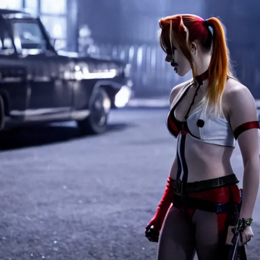 Image similar to Emma Watson as Harley Quinn, cinematic, Wide-shot, atmospheric lighting, directed by Quentin Tarantino, movie still