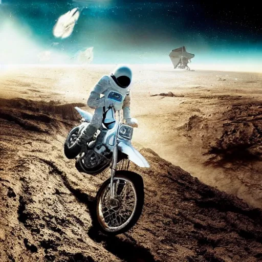 Prompt: photograph of an astronaut riding a dirt bike on an alien planet, interstellar cinematic shot