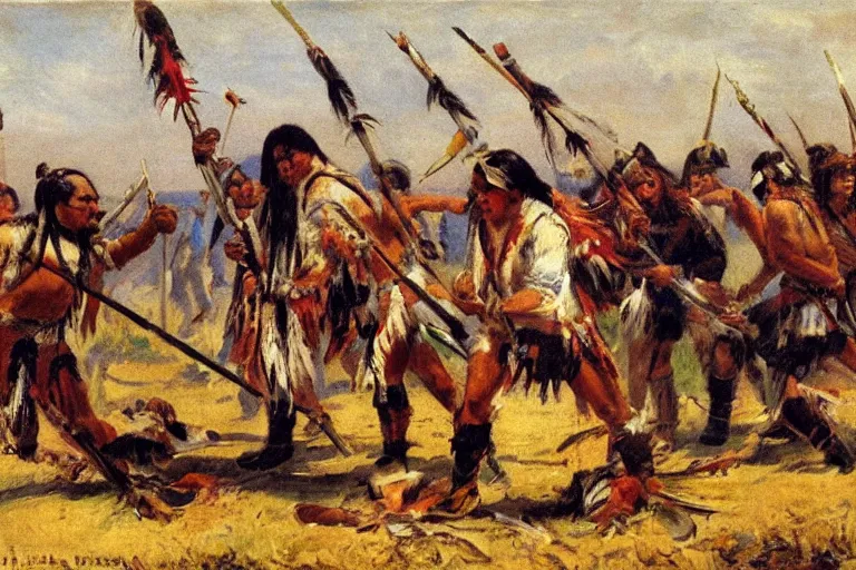 Image similar to native americans decapitating colonists, impressionist painting