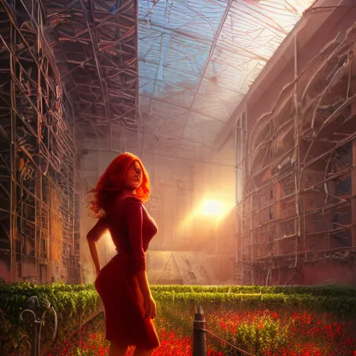 Prompt: red hair girl, chernobyl powerplant, disneyland castle, rubble, flowers, vines, hyperrealistic, highly detailed, cinematic, single ray of golden sunlight, beautiful, cgssociety, artstation, 8 k, oil painting by greg rutkowski, by artgerm, by wlop