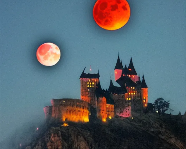 Prompt: dracula's castle rising up from the mist at night silhouetted by a single huge bloodmoon by dc comics and sandra chevrier