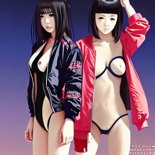 Image similar to a beautiful japanese lalisa alluring gravure model, wearing oversized designer bomber jacket and leotard, bulky poofy bomber jacket with mesoamerican patterns, mesoamerican native street fashion, gapmoe yandere grimdark, trending on pixiv fanbox, painted by greg rutkowski makoto shinkai takashi takeuchi studio ghibli, akihiko yoshida