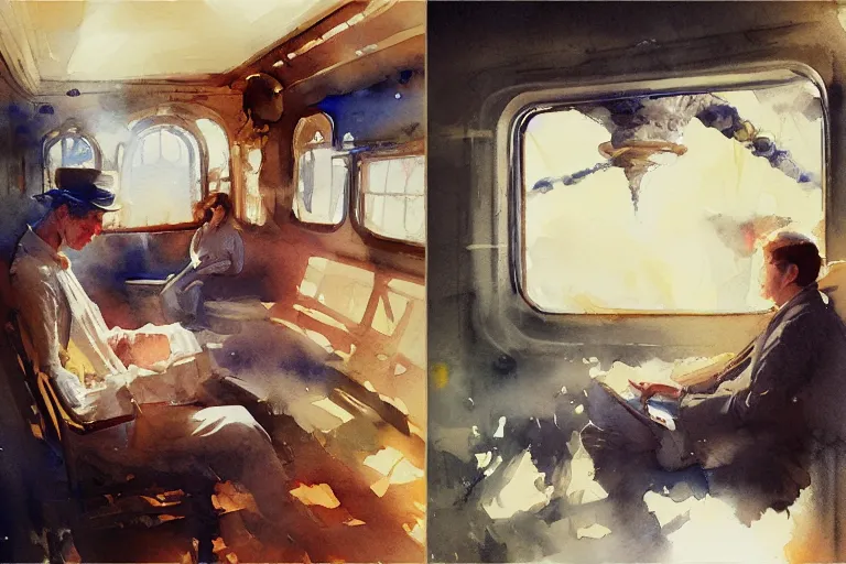 Image similar to small centered on watercolor paper, paint brush strokes, abstract watercolor painting of steam train interior, cinematic light, national romanticism by anders zorn, by hans dahl, by jesper ejsing, by greg rutkowski, by greg manchess, by tyler edlin, by craig mullins