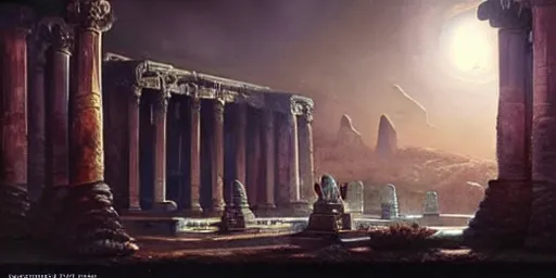 Image similar to beautiful hyperrealistic epic painting of the mysterious intricate ruins of a temple from an advanced alien civilization under the moonlight, by hubert robert and lee madwick and bastien lecouffe deharme, dramatic lighting