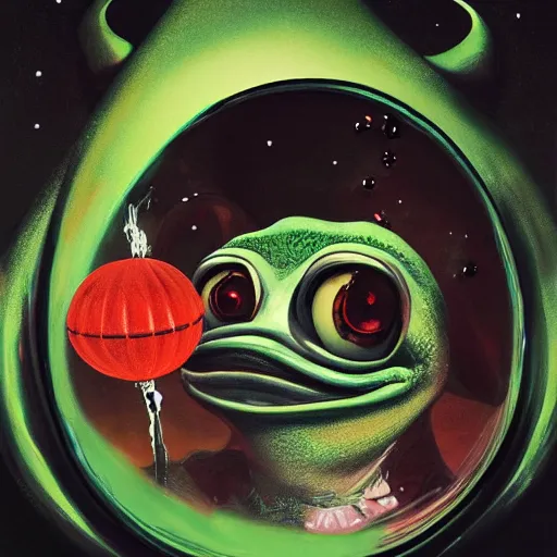 Image similar to plasticine wet shiny angles, crystal, moonlit, mirrors, camera angled dramatically, realistic hyperdetailed design of pepe the frog meme, ferocious, chinese mythology, victo nga, fumo yoshitoshi, ren jing jeong, feifei ruan, peter mohrbacher, takato yamamoto