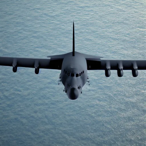 Image similar to an AC-130 flying over the sea, 3d render, octane, ray tracing, high detail, photorealistic, 8k