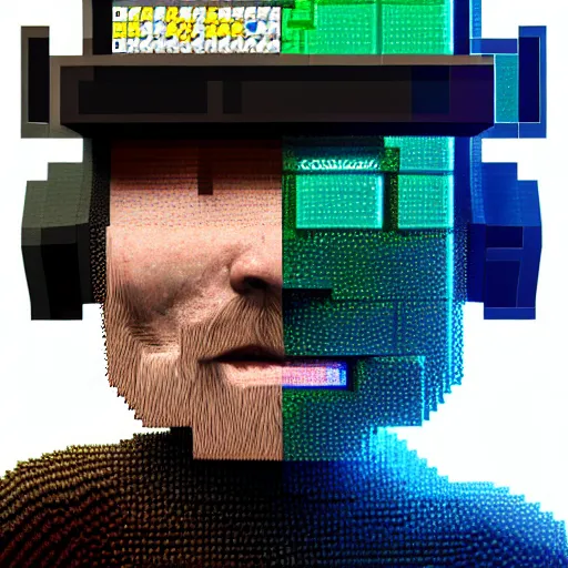 Image similar to Colour Minecraft style Photography of 1000 years old man with highly detailed 1000 years old face wearing higly detailed cyberpunk VR Headset designed by Josan Gonzalez Many details. . In style of Josan Gonzalez and Mike Winkelmann andgreg rutkowski and alphonse muchaand Caspar David Friedrich and Stephen Hickman and James Gurney and Hiromasa Ogura. Rendered in Blender