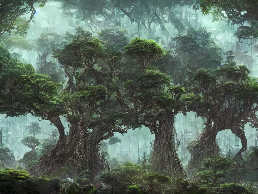 Prompt: giant tree creatures building a city with mystical animals in the middle of the jungle ,style by dylan cole, digital art, matte painting, artstation, concept art